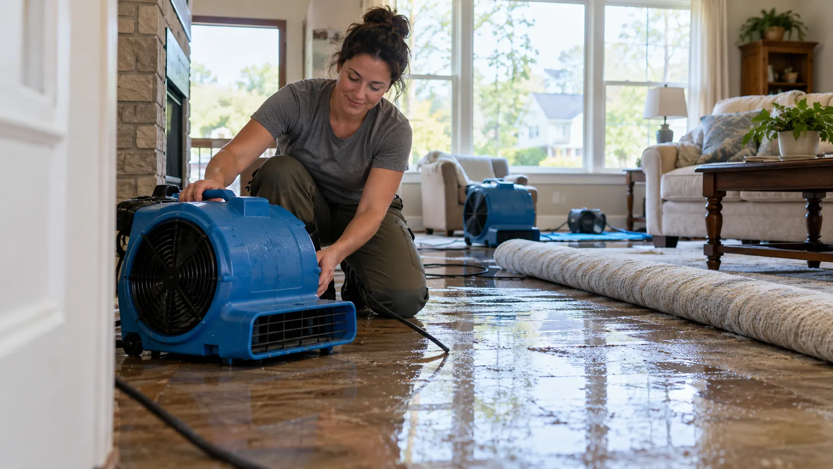 Water damage restoration technician drying a flooded living room in Greenville
